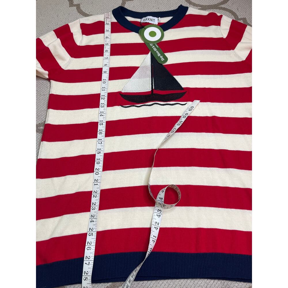 NWT OXKNIT Red White Striped Sweater Sailboat Navy Bell Cuff Knit Crewneck XL - Picture 8 of 10